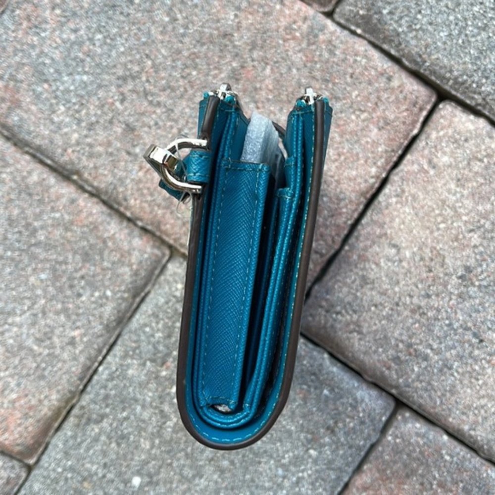 Michael Kors Large Double Zip Leather Wallet Wristlet Phone Case Lagoon - Picture 5 of 16